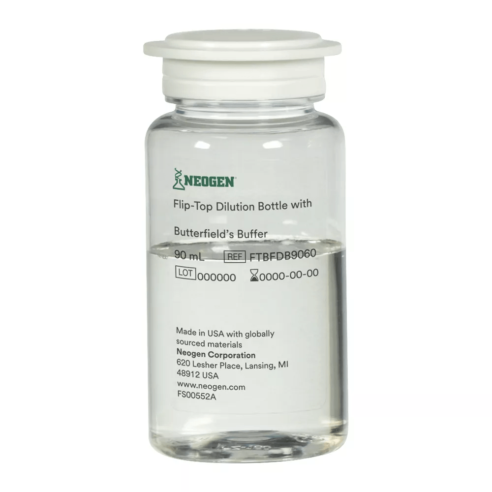 Flip-Top Dilution Bottle with Butterfield's Buffer - 90mL - FTBFD9060 - Front